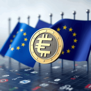 “euro stablecoin launch: digital euro coin with European flags and bank logos under blockchain grid”