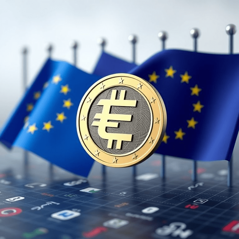 “euro stablecoin launch: digital euro coin with European flags and bank logos under blockchain grid”