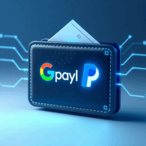 Google PayPal partnership digital wallet with logos and AI circuits.