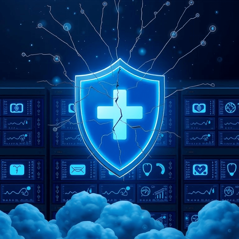 KillSec ransomware breach showing cracked shield, cloud servers, and exposed medical records.