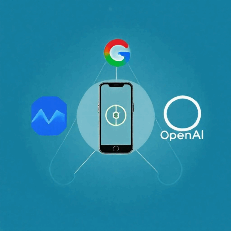 meta-ai-partnerships — Meta, Google, and OpenAI logo icons connected by digital network lines.
