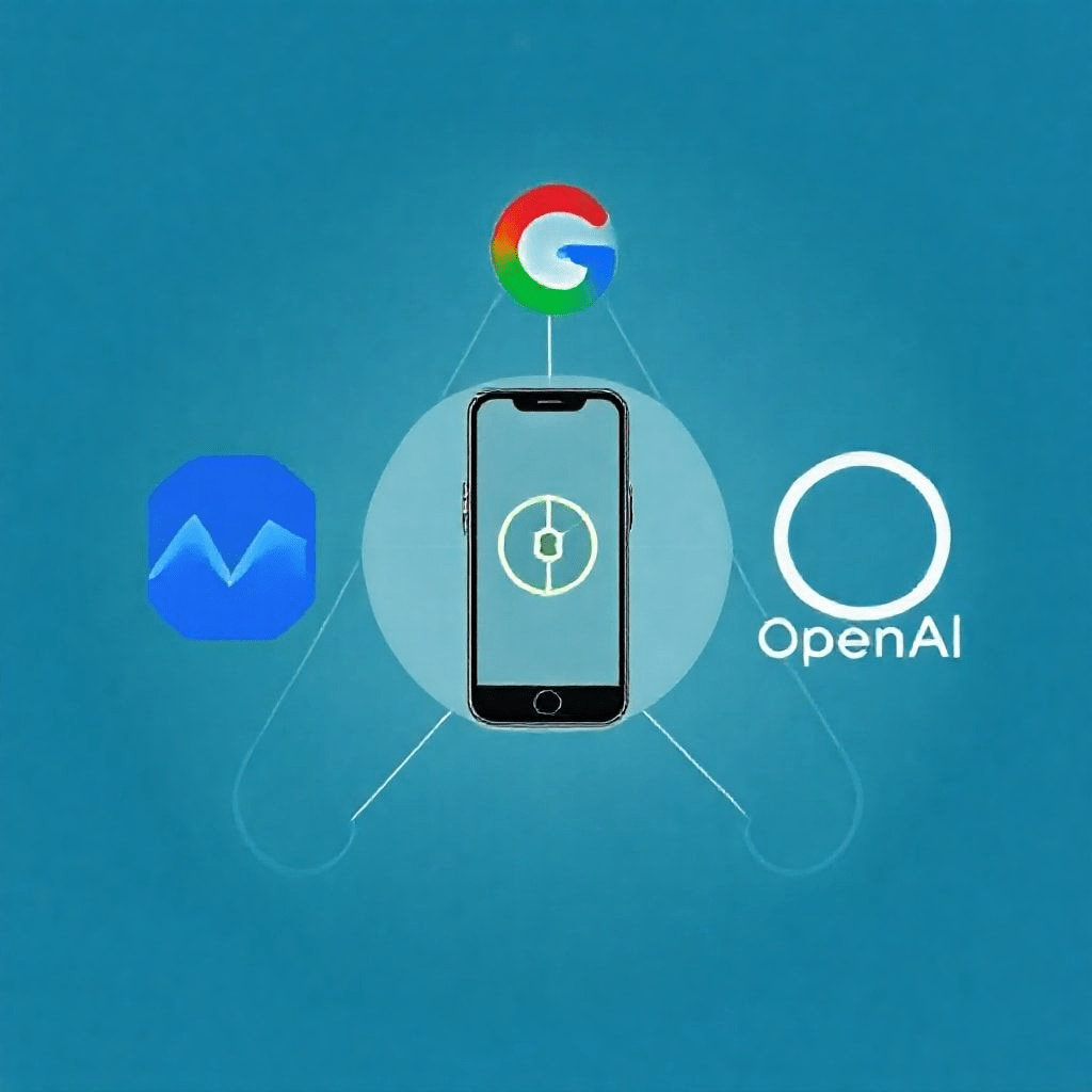 meta-ai-partnerships — Meta, Google, and OpenAI logo icons connected by digital network lines.