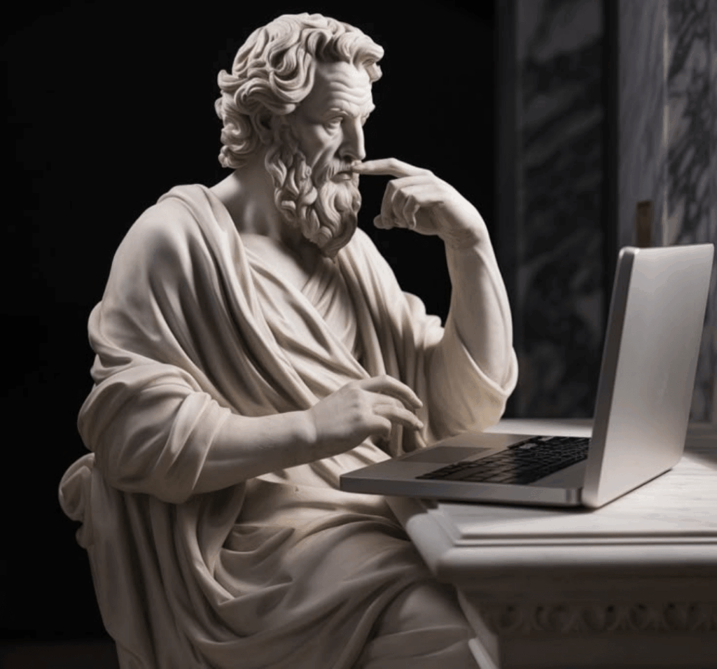Classical marble statue of a philosopher thoughtfully using a modern laptop, symbolizing tradition meeting innovation.