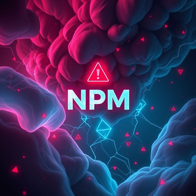 “NPM crypto supply chain attack – NPM logo with malicious code intercepting crypto wallet transactions.”