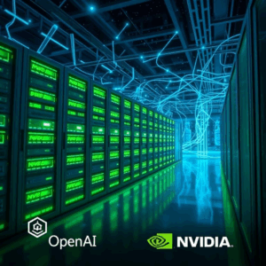 NVIDIA OpenAI partnership illustrated by interconnected AI chips in a high-tech server farm.