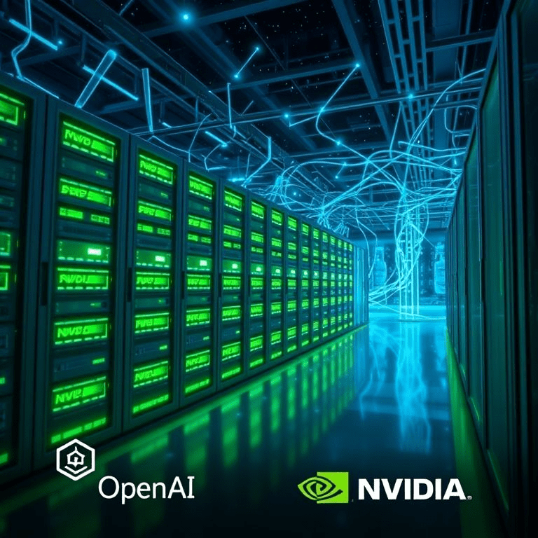 NVIDIA OpenAI partnership illustrated by interconnected AI chips in a high-tech server farm.