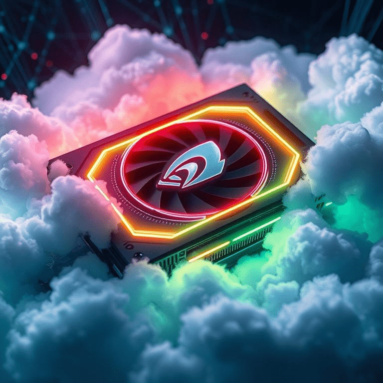 Nvidia AI GPU glowing with neon circuits and digital neural network background.