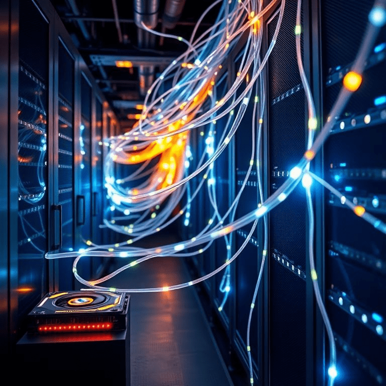 Enfabrica CEO acquisition: Nvidia GPUs linked by glowing AI networking cables in a data center.