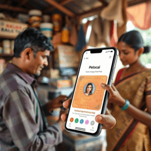 merchants and rural customers using a fintech app on smartphone illustrating Pelocal fintech expansion