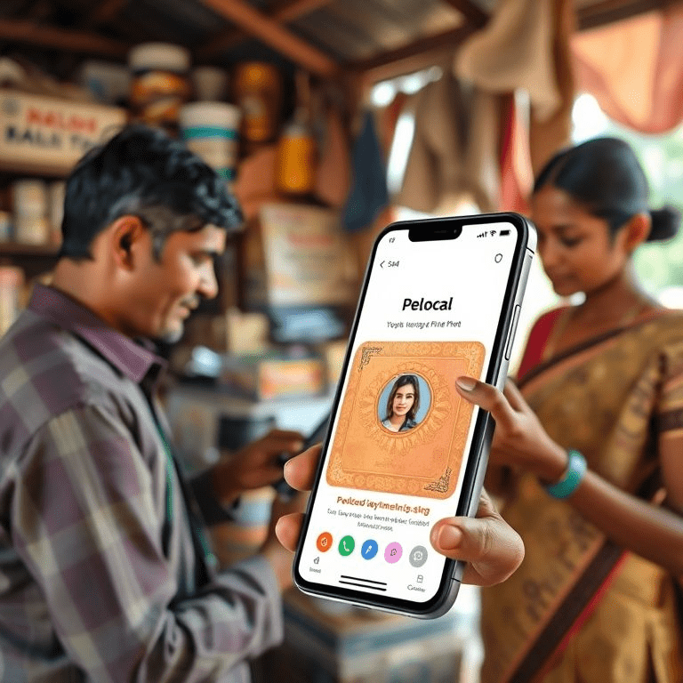 merchants and rural customers using a fintech app on smartphone illustrating Pelocal fintech expansion