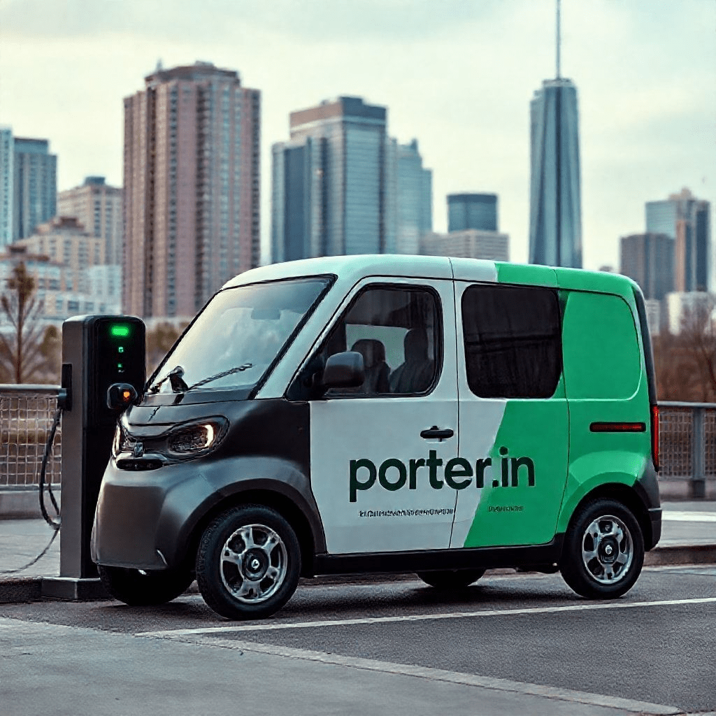 Porter.in electric delivery vehicle charging in urban city.