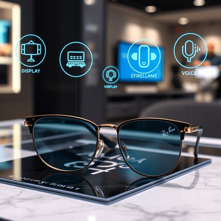 Ray-Ban Display smart glasses with AI assistant features on showcase