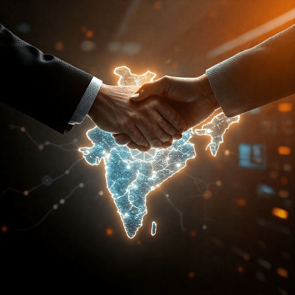 “Reliance Meta AI venture handshake over India with Llama and digital networks”