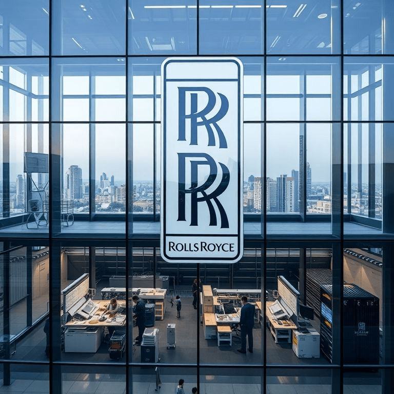 Rolls-Royce tech centre Bengaluru building with engineers and city skyline.