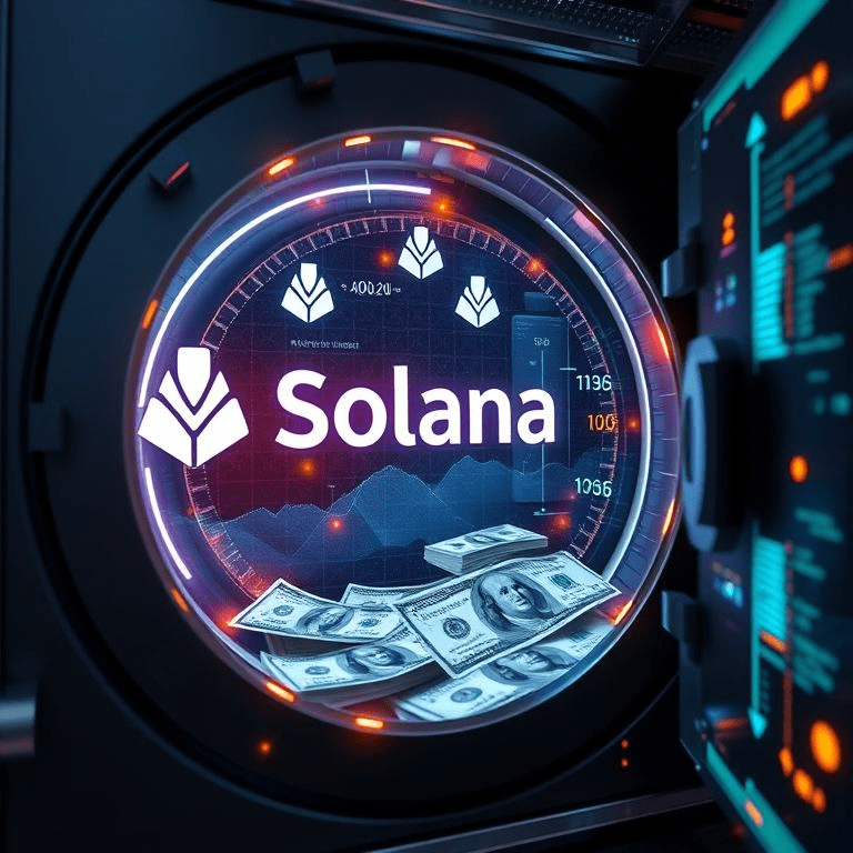 “Solana treasury strategy – corporate vault with Solana tokens and digital charts.”