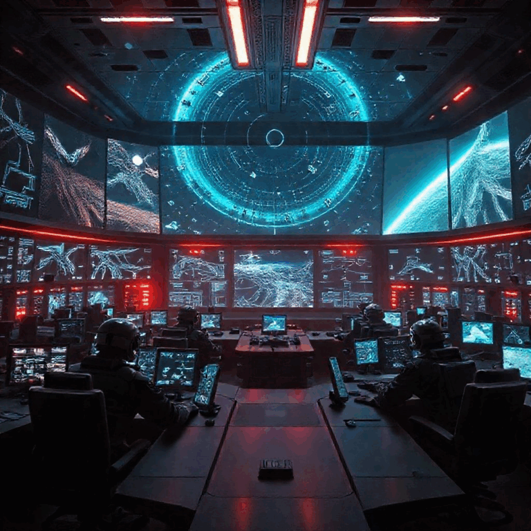 “Space Force AI mission control room with operators tracking satellites”