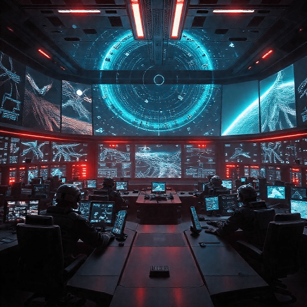 “Space Force AI mission control room with operators tracking satellites”
