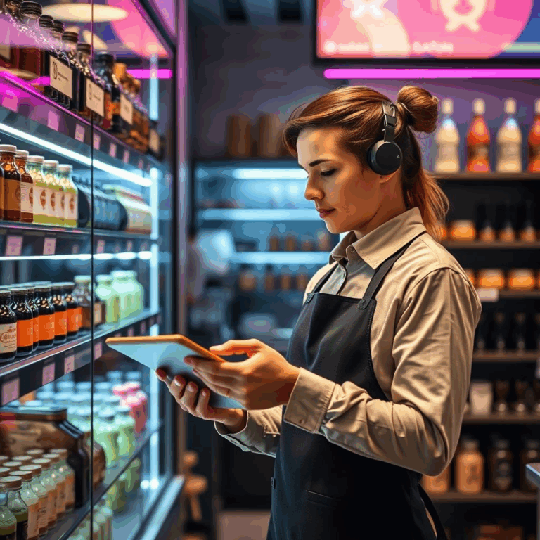 Barista using tablet with retail computer vision to scan Starbucks inventory.