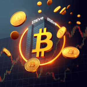 “Strive Bitcoin acquisition: futuristic chart with Bitcoin logo and Strive corporate building”