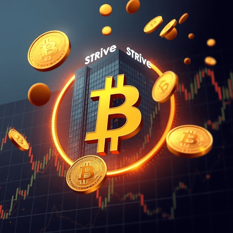 “Strive Bitcoin acquisition: futuristic chart with Bitcoin logo and Strive corporate building”