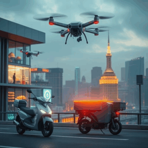 Futuristic AI-driven food mobility with drones and EV scooters