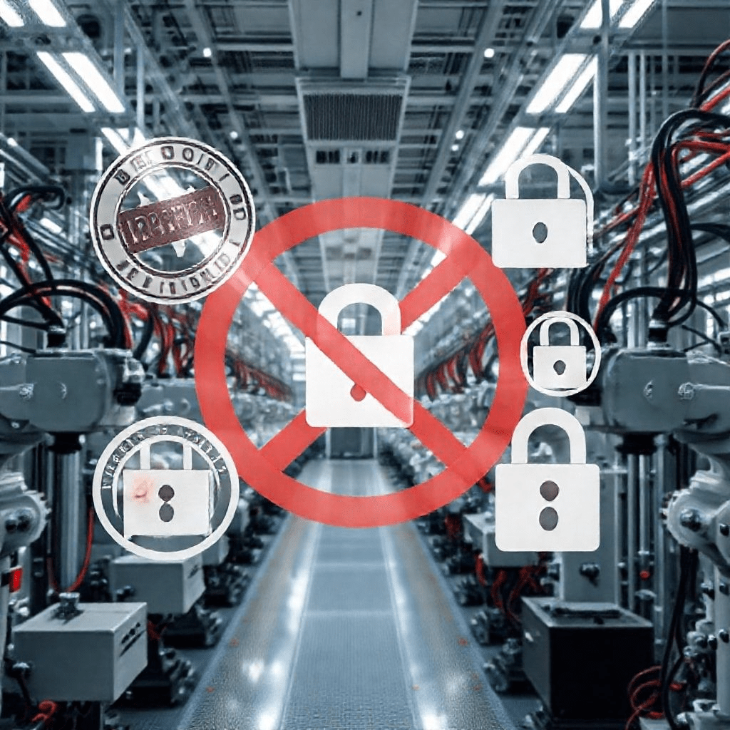 “TSMC export restrictions depicted as a chip fab under regulatory locks and documents.”