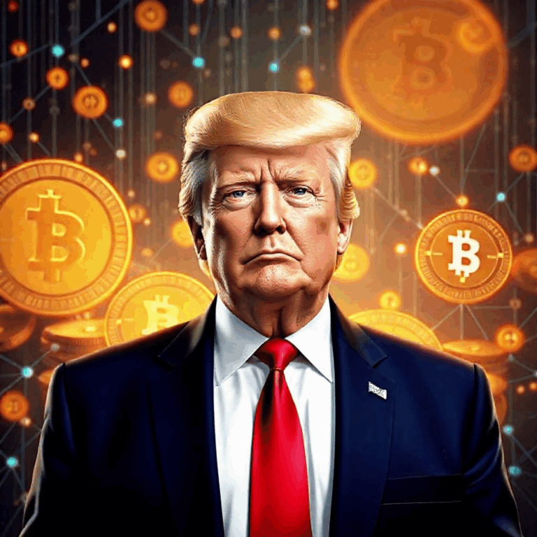 Trump crypto expansion with glowing blockchain background.