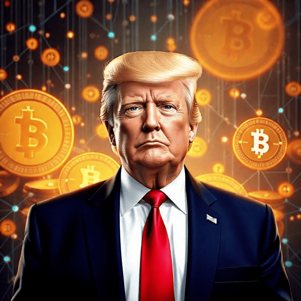Trump crypto expansion with glowing blockchain background.