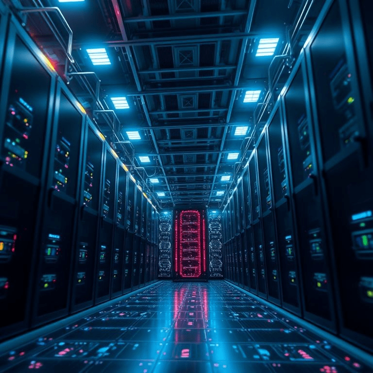 A futuristic UK data center with glowing GPU racks and digital neural mesh representing AI infrastructure.