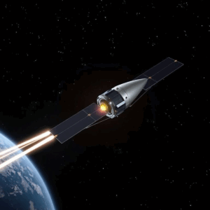Illustration of Kreios Space's VLEO satellite tech in low Earth orbit with advanced propulsion system.