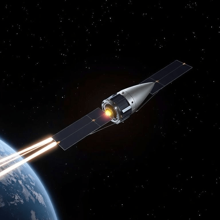 Illustration of Kreios Space's VLEO satellite tech in low Earth orbit with advanced propulsion system.