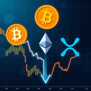 "Cryptocurrency market selloff: Bitcoin, Ethereum, and XRP logos with a declining market chart."