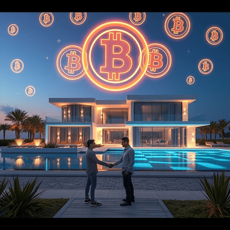Luxury property in UAE with digital crypto coins and contract, symbolizing crypto real-estate payments.