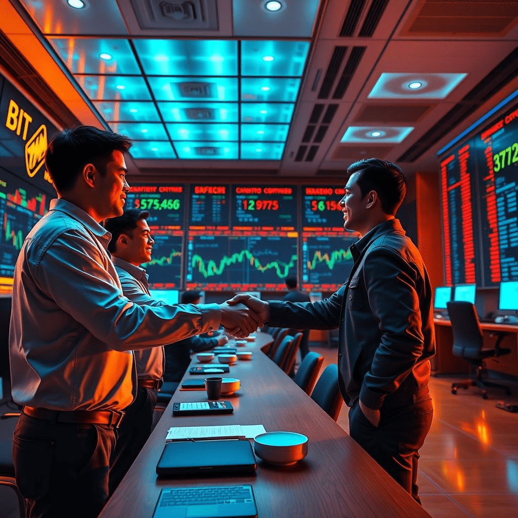 Crypto trading talent war: recruiters and traders negotiating contracts with digital crypto charts in the background.