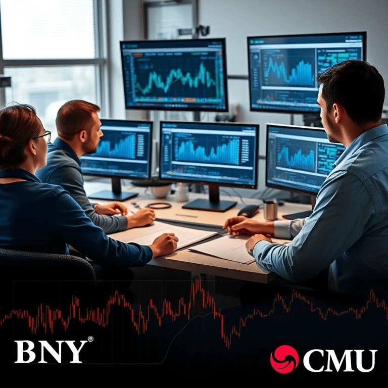 Lab setting showing AI model analysis, financial graphs, regulatory framework documents for mission-critical AI governance