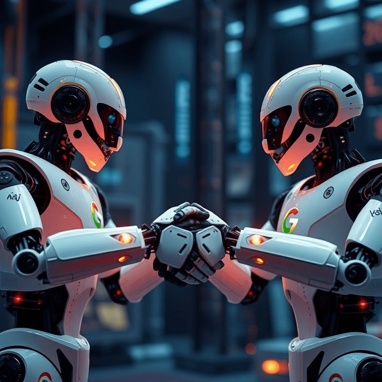 xAI and Google Gemini partnership illustrated by AI robots collaborating in a futuristic workspace.