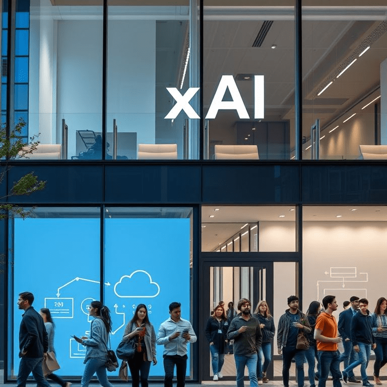 Engineers entering the new xAI Seattle hub office, with AI network diagrams hovering above, illustrating xAI seattle hub expansion.